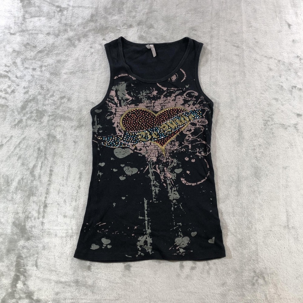 Max Rave Tank Top Juniors Large Black Be Mine Heart Valentine Rhinestone Y2K
